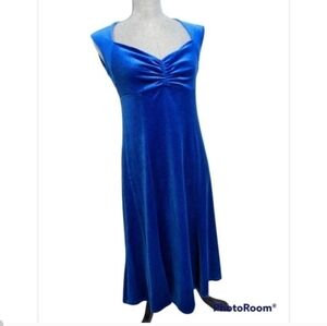 Vintage 90s Blue Glitter Sparkle Ruched Velvet Knit Midi Dress sz Medium
